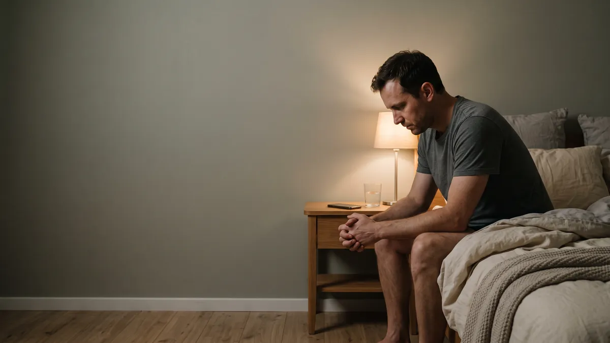 Homem sentado na beira da cama à noite, com as mãos entrelaçadas e o olhar para baixo, iluminado por um abajur, ilustrando a ansiedade noturna.