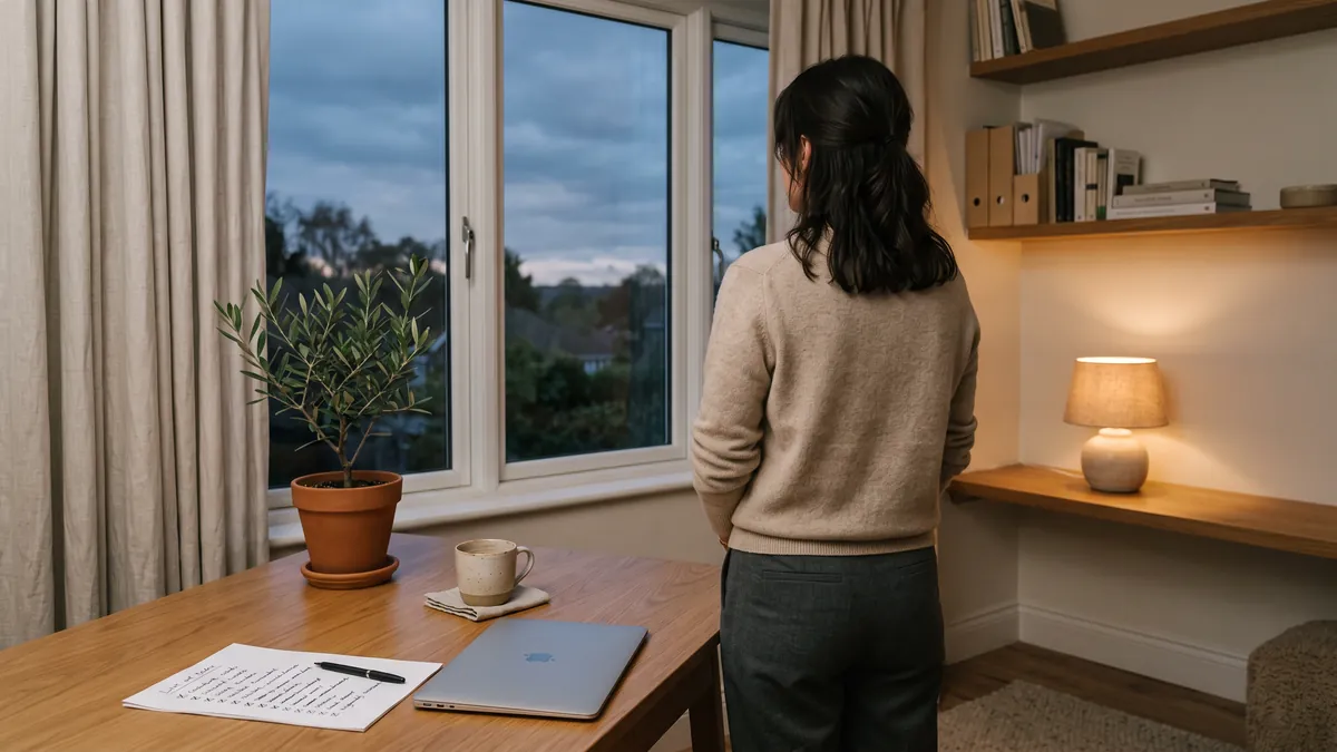 Mulher de costas diante de uma janela ao entardecer em um escritório doméstico, com uma lista de tarefas riscada sobre a mesa, um notebook fechado e uma xícara.