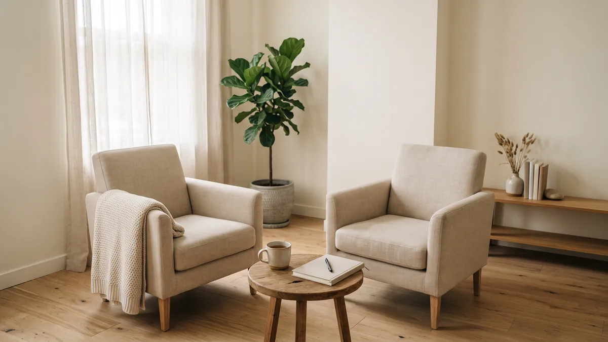 Consultório de psicologia acolhedor com duas poltronas de linho voltadas uma para a outra, mesa lateral com xícara e caderno e luz natural de uma janela.