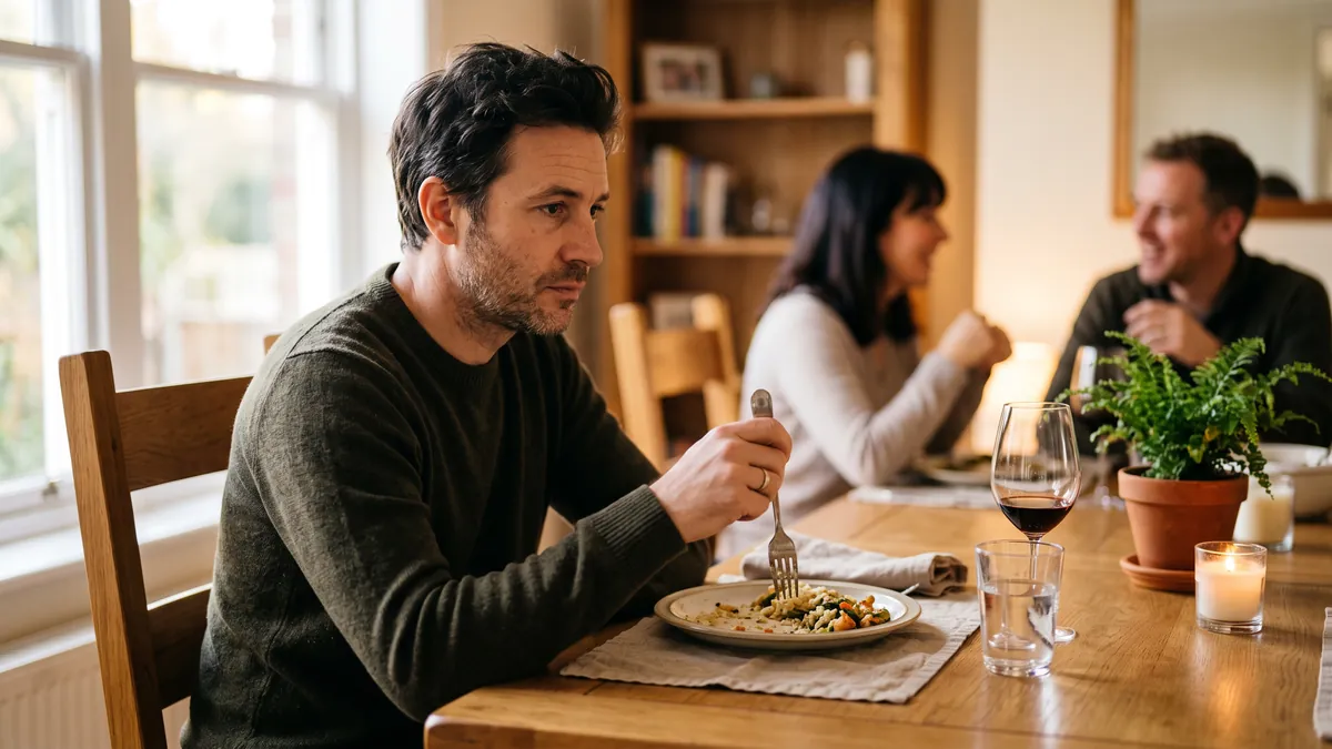 Homem à mesa durante o jantar, com o garfo parado sobre o prato e o olhar distante, enquanto duas pessoas conversam desfocadas ao fundo.